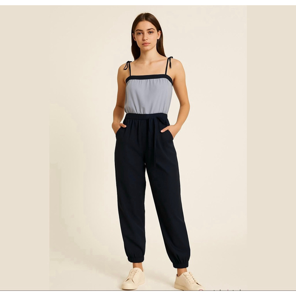 H&M RARE colorblock jumpsuit romper sleeveless silky beige black Sz US 6 - Picture 1 of 13